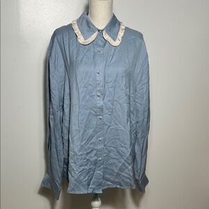 Sister Jane Travis Ruffle Blue Button-Up Shirt with Ruffle Collar